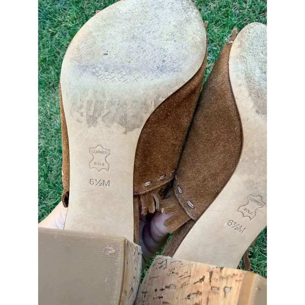 TORY BURCH Huntington Suede Fringe trimmed Brown heels Mules shoes Sz 6.5